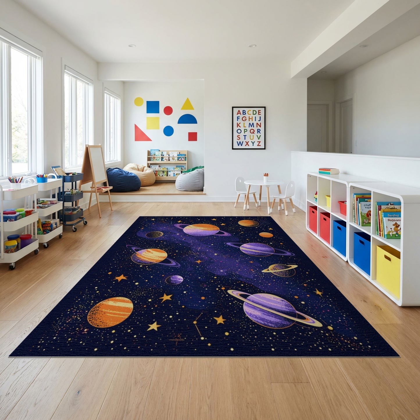 Vibrant Cosmic Ringed Planets Stars Rug