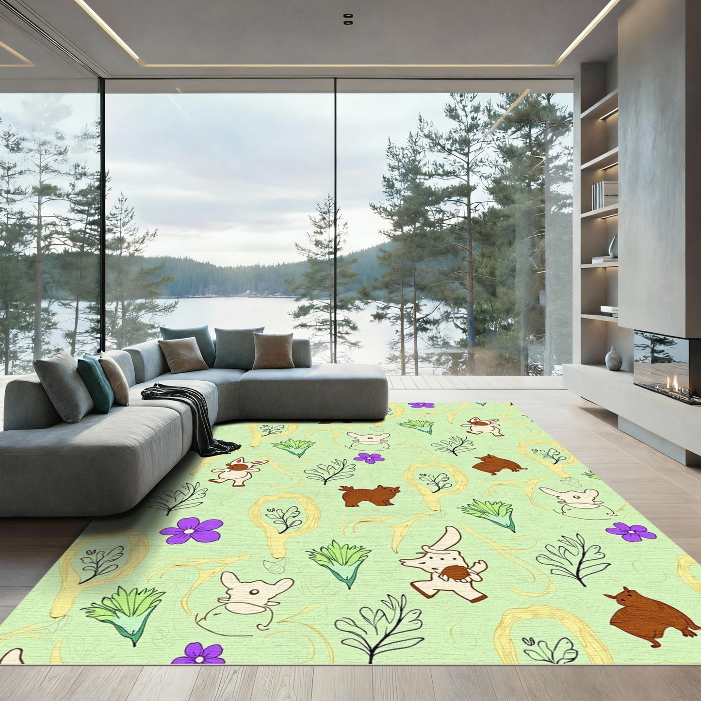 Whimsical Cream Animals Purple Flowers Rug