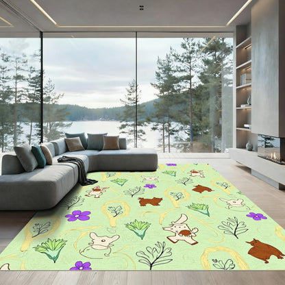 Whimsical Cream Animals Purple Flowers Rug