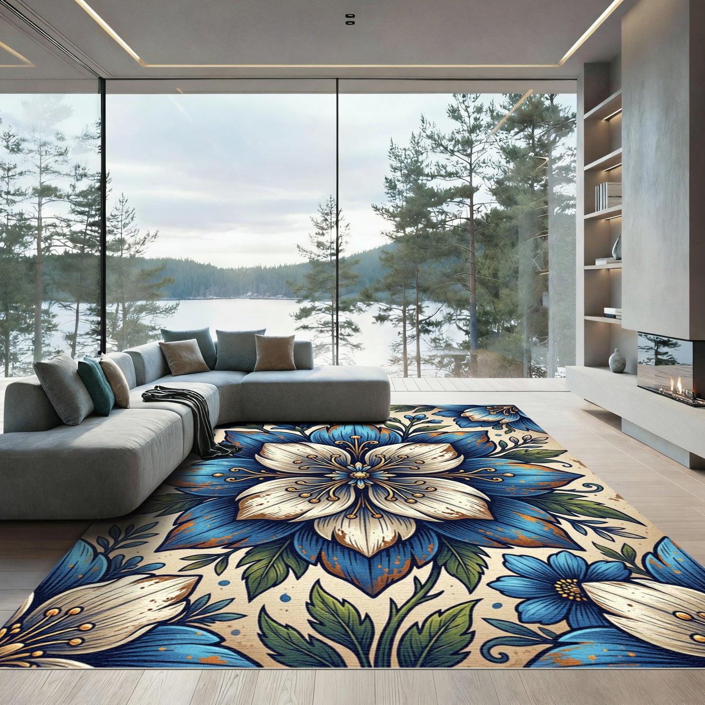 Blue White Antique Botanical Bloom Rug