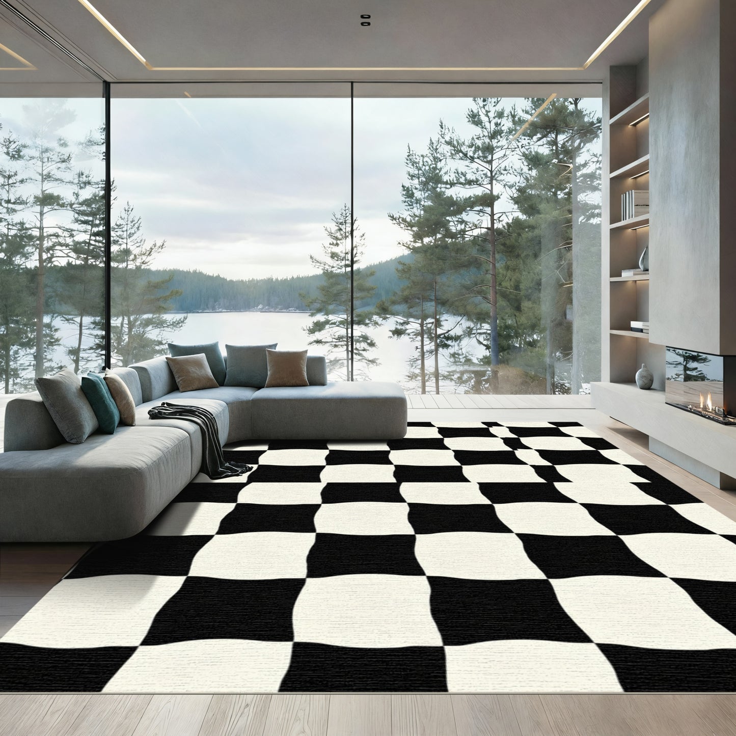 Wavy Black White Checkered Squares Rug