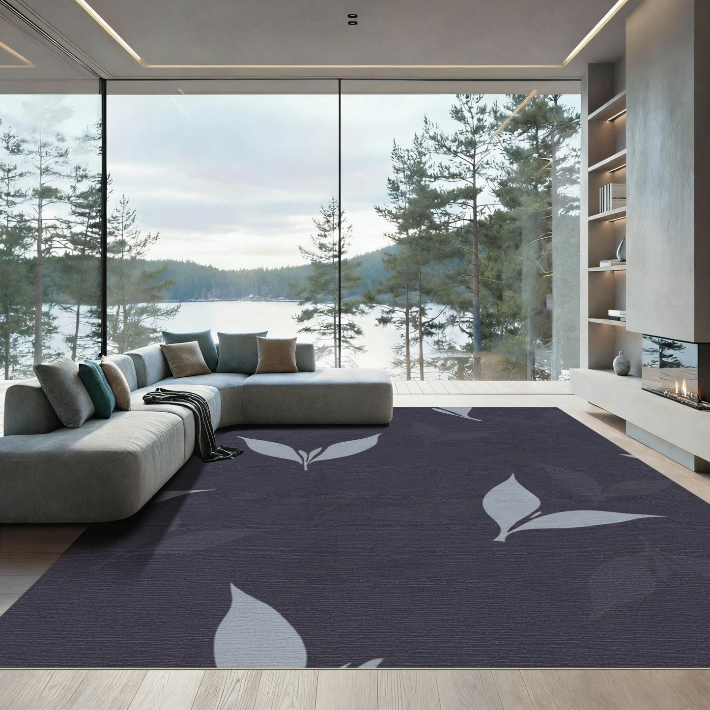 Pale Gray Leafy Silhouette Cluster Rug