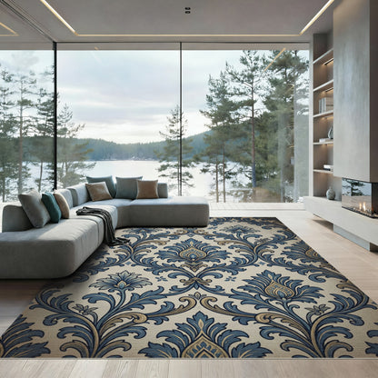 Antique Blue Ornamental Floral Damask Rug