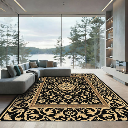 Ornate Gold Floral Medallion Black Rug