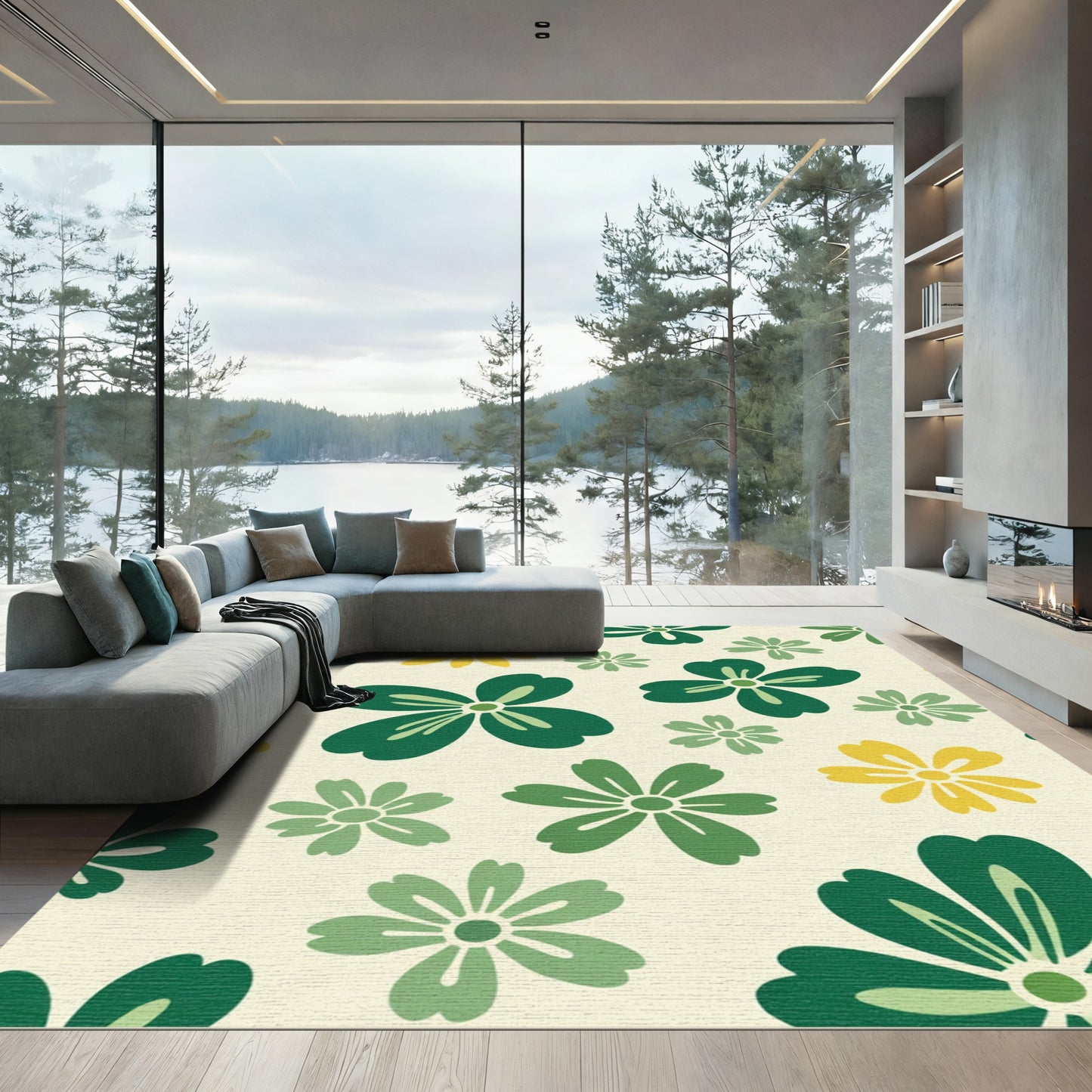 Retro Floral Garden Yellow Green Rug