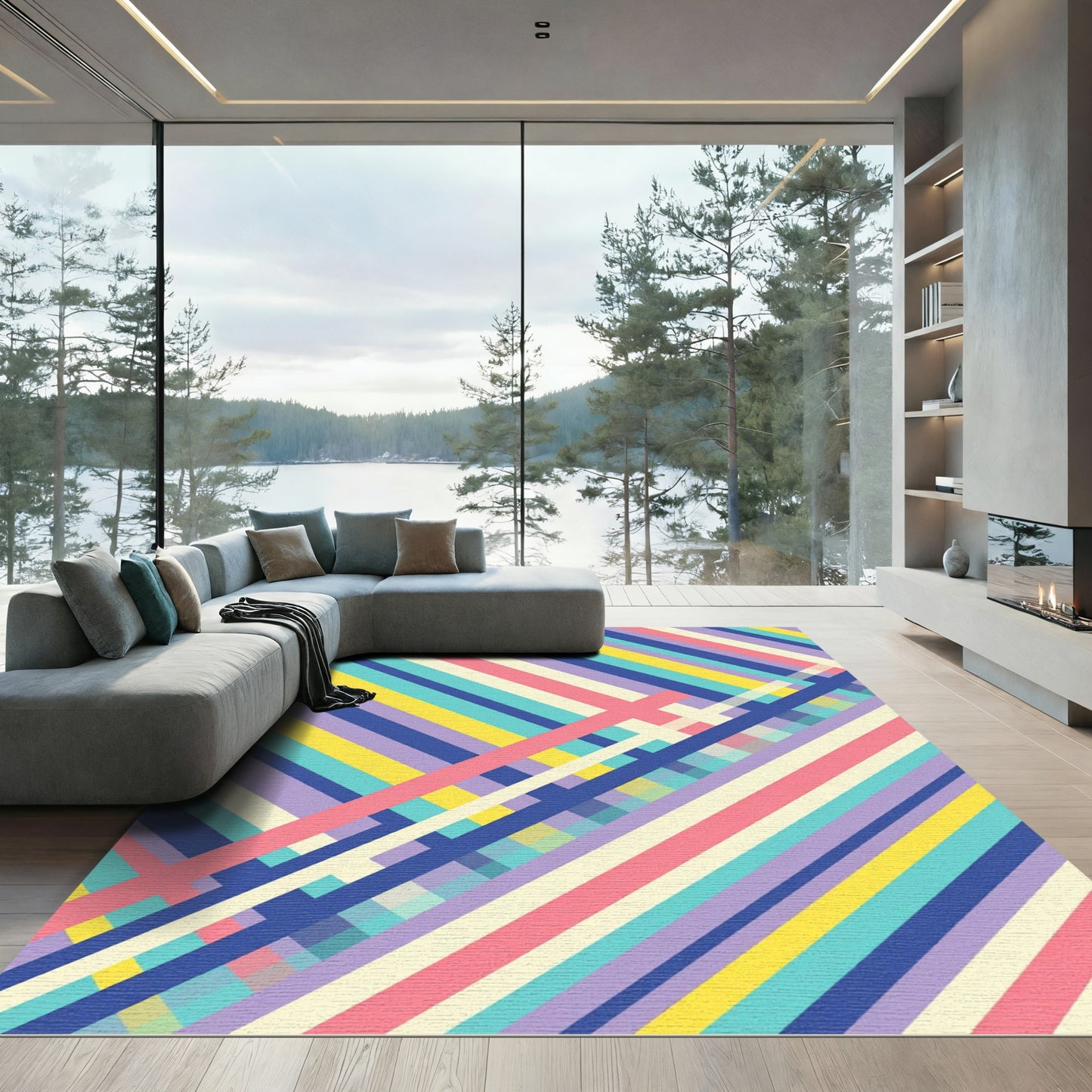 Multicolor Geometric Diagonal Striped Rug
