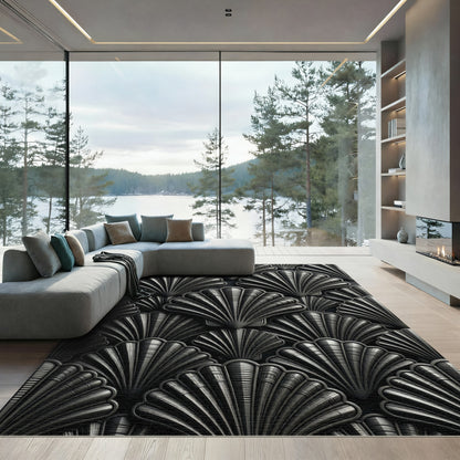 Art Deco Scallop Shell Black Rug
