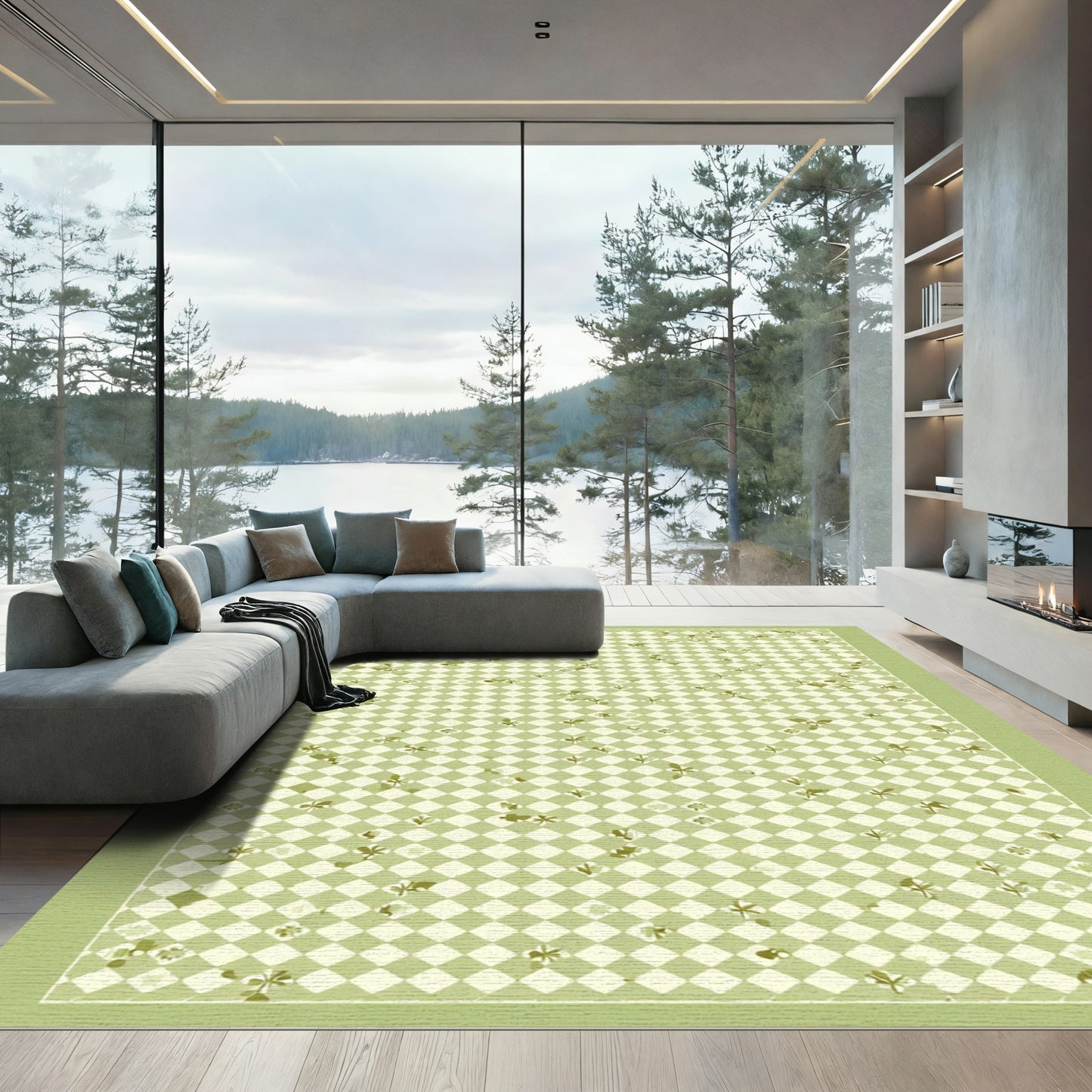 Soft Green Checkerboard Floral Sprig Rug