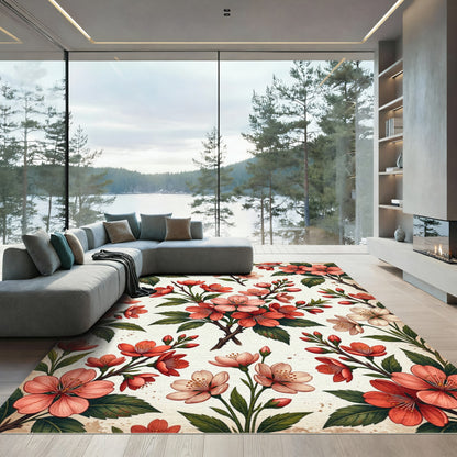 Coral Peach Blossom Branch Art Rug