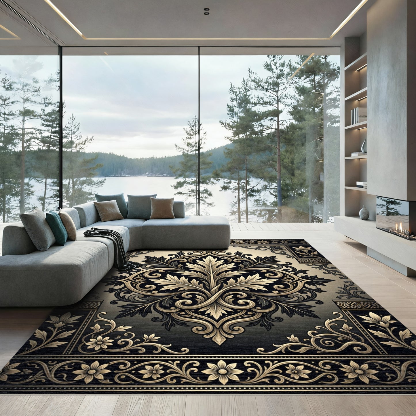 Elegant Gold Black Ornate Acanthus Scroll Rug