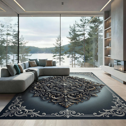Ornate Silver Gold Filigree Medallion Rug