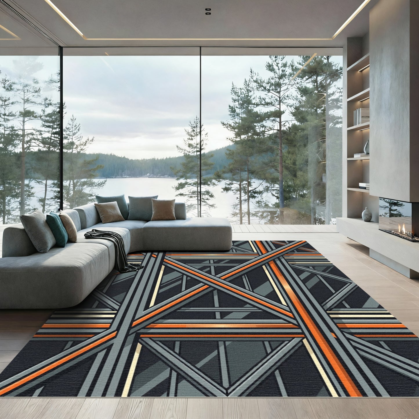 Modern Industrial Gray Orange Geometric Structure Rug