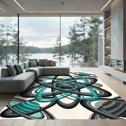 Abstract Teal and Charcoal Orbital Sphere Rug