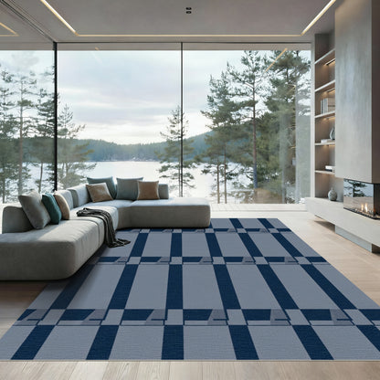 Deep Blue Wide Grid Rectangles Rug