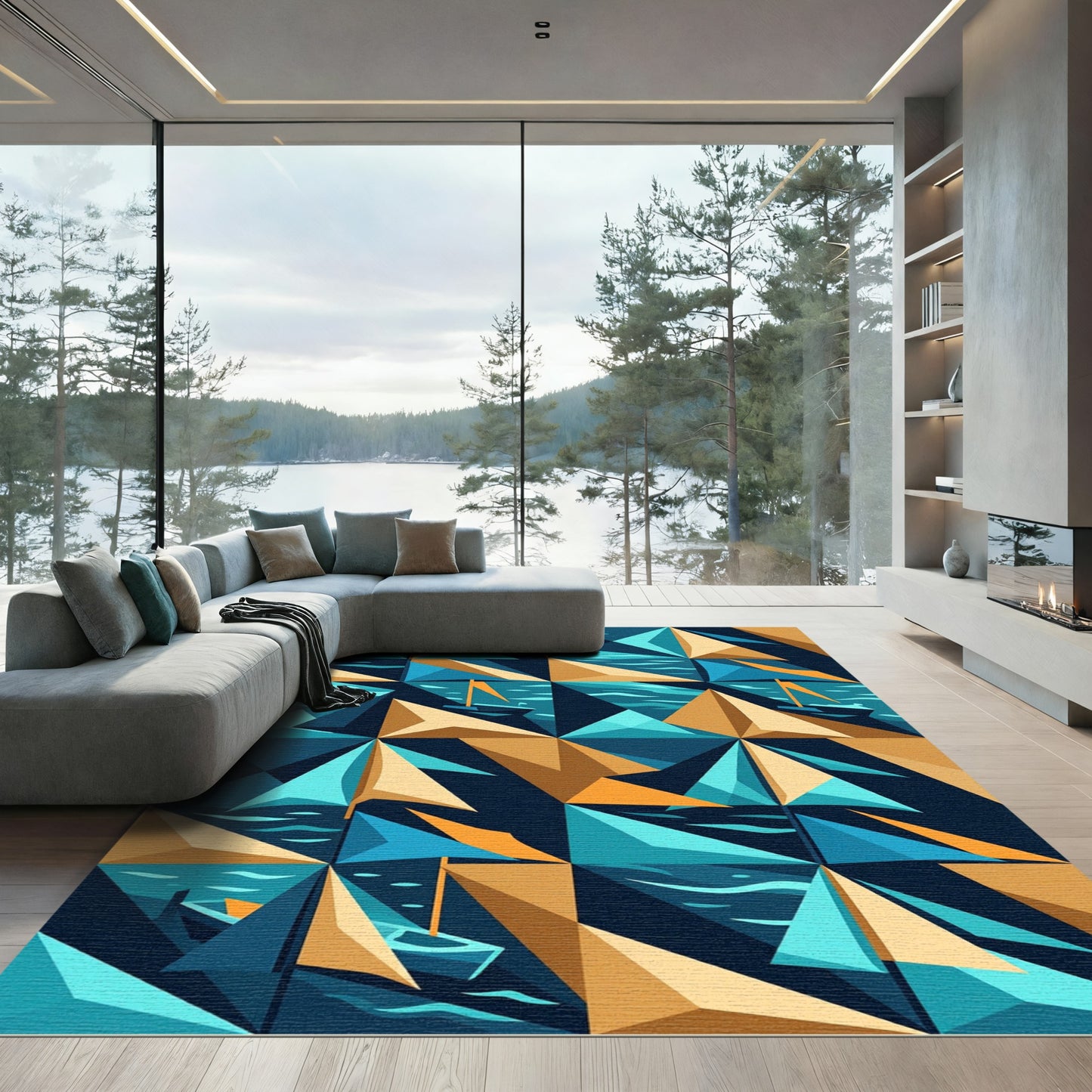 Geometric Abstract Nautical Sailboat Blue Gold Rug