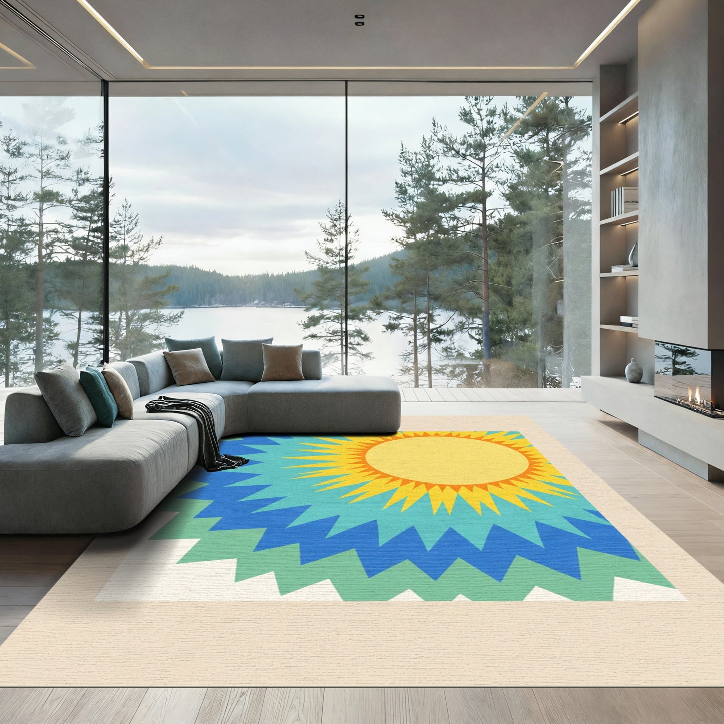 Radiant Sunburst Yellow Blue Green Waves Rug