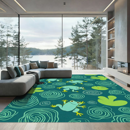 Teal Blue Frogs Lily Pad Whimsical Art Rug