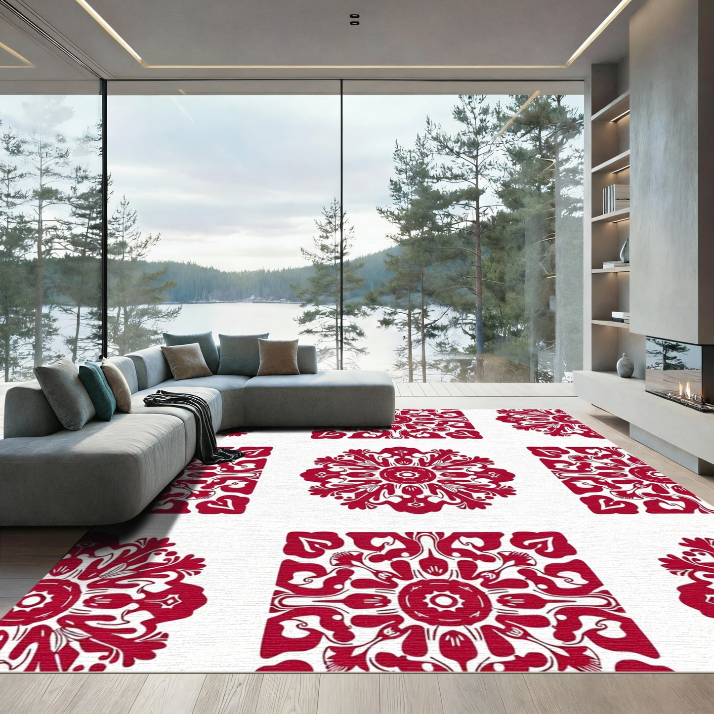 Crimson Floral Medallion Overlay Rug