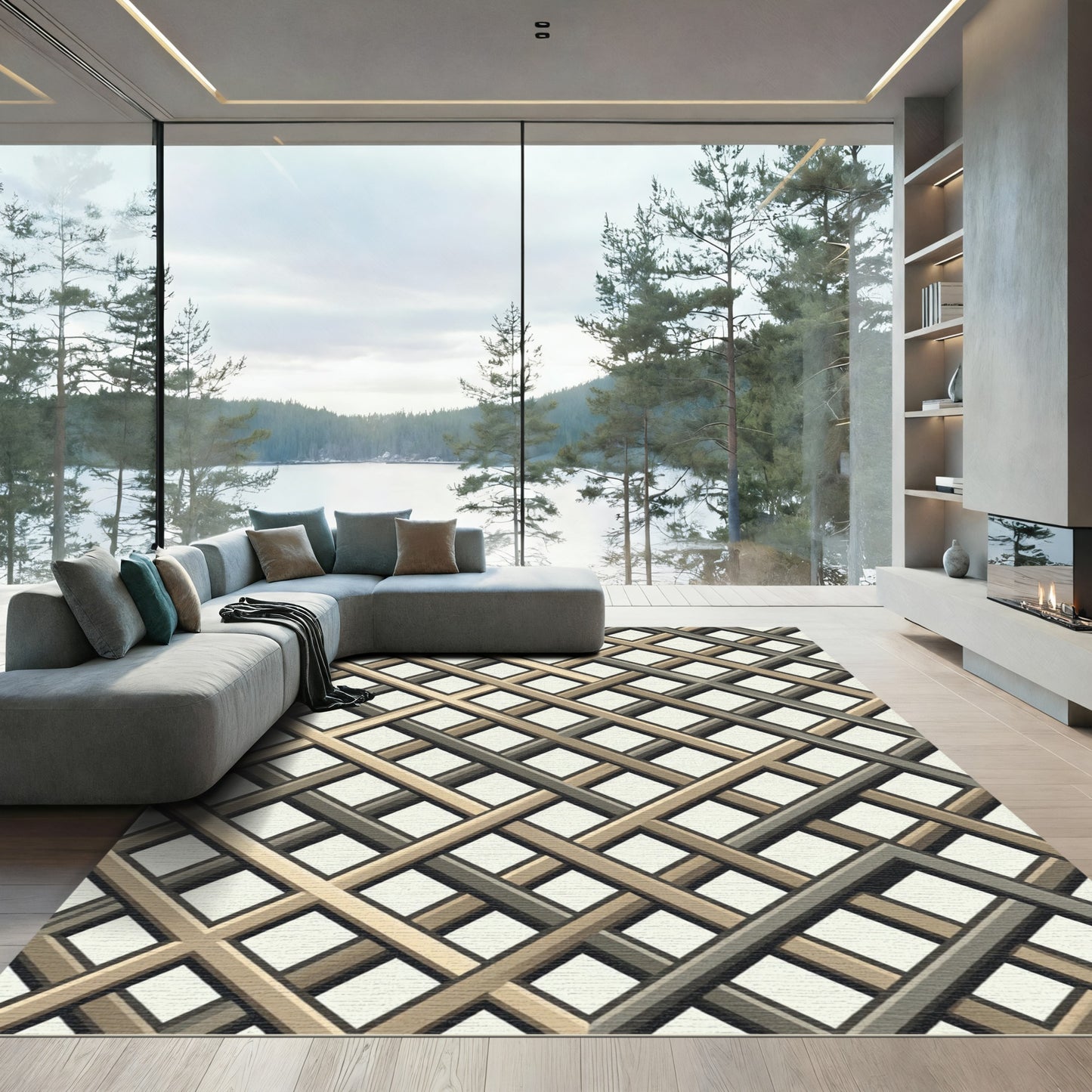 Modern Interlocking Gold and Slate Lattice Rug