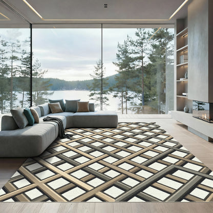Modern Interlocking Gold and Slate Lattice Rug
