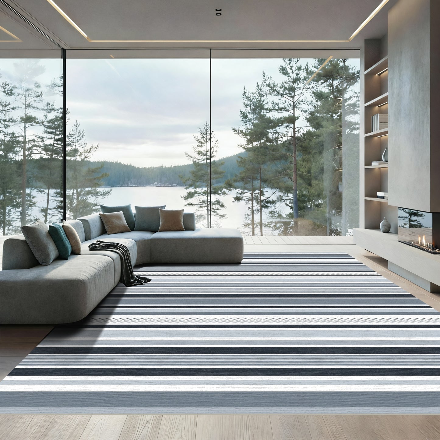 Modern Grayscale Striped Geometric Rug
