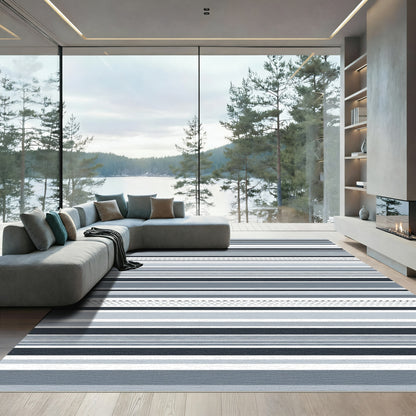 Modern Grayscale Striped Geometric Rug