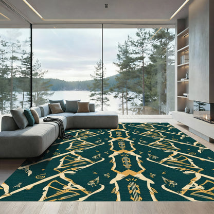 Teal Gold Geometric Art Deco Medallion Rug
