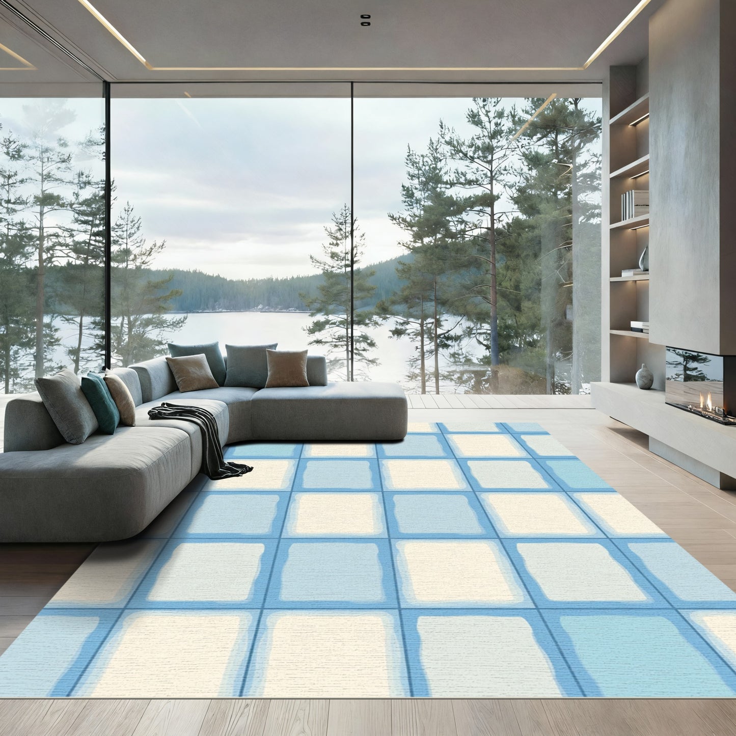 Aqua Cream Checkerboard Grid Rug