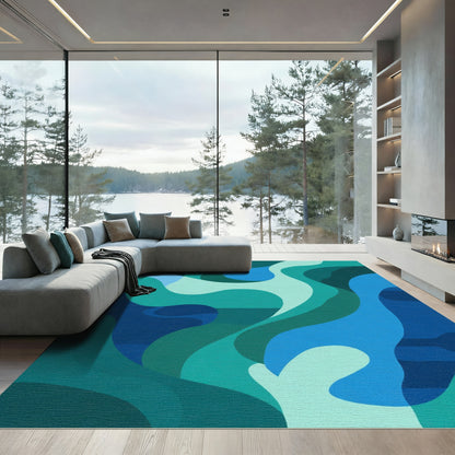 Teal Blue Flowing Abstract Waves Rug