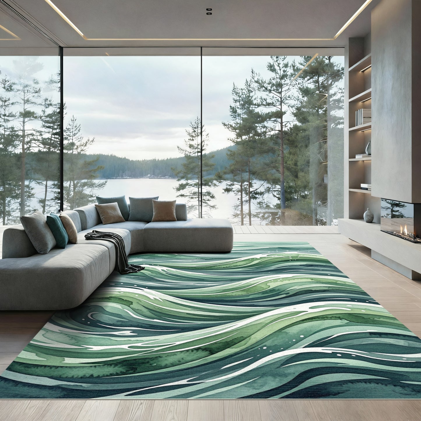 Abstract Emerald Ocean Wave Swirl Rug