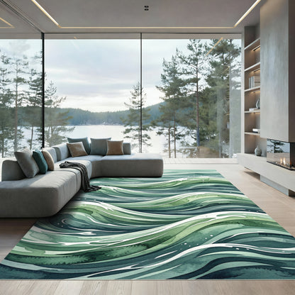 Abstract Emerald Ocean Wave Swirl Rug