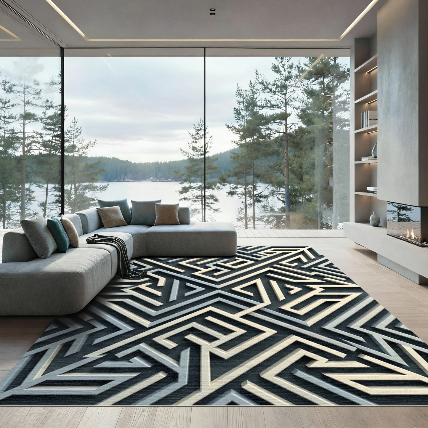 Geometric Ivory and Slate Labyrinth Abstract Rug