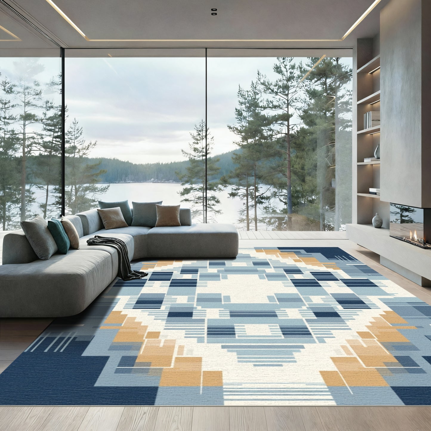 Geometric Ochre Blue Abstract Squares Rug