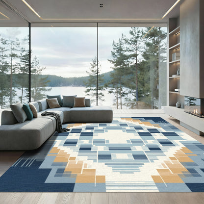 Geometric Ochre Blue Abstract Squares Rug