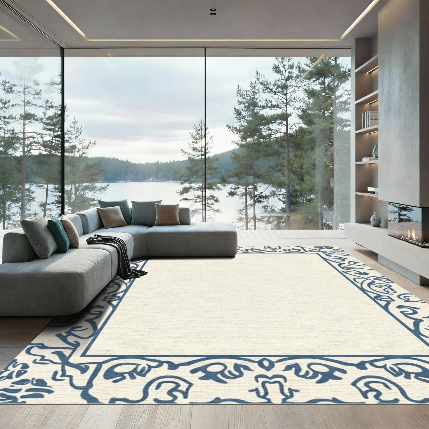 Cream And Navy Ornate Floral Frame Rug