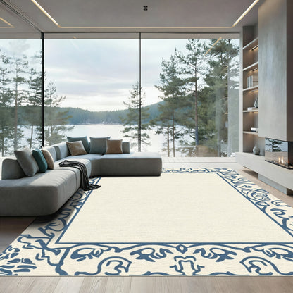 Cream And Navy Ornate Floral Frame Rug