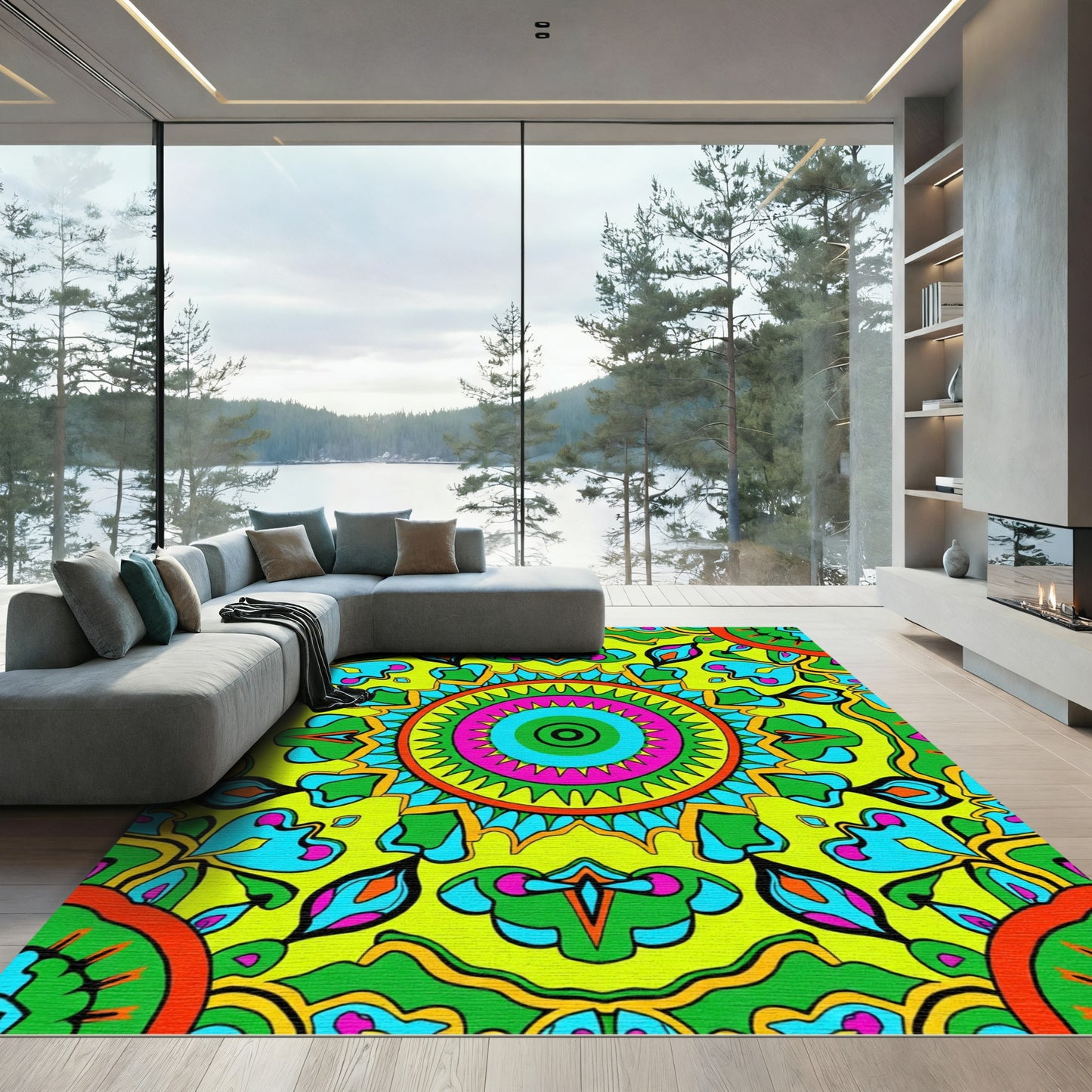 Vibrant Neon Mandala Sunburst Rug
