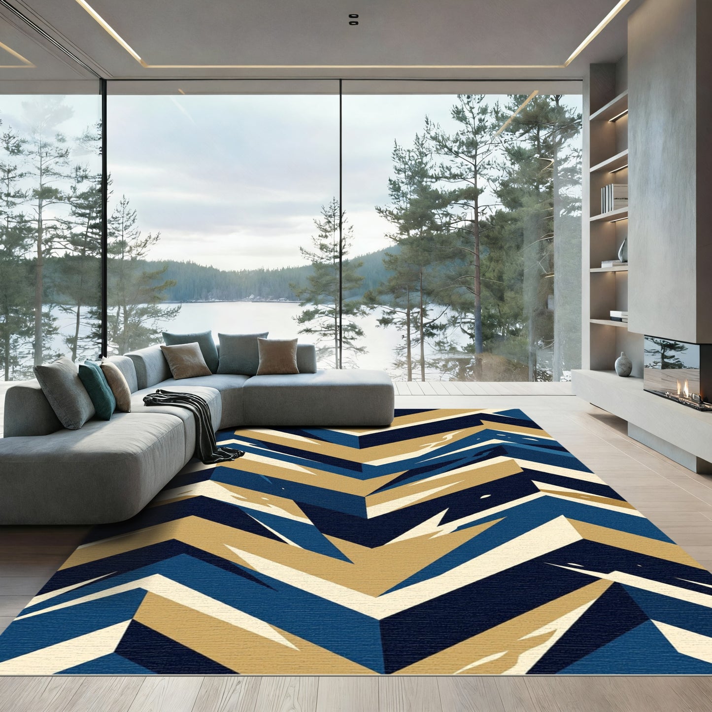 Navy and Gold Geometric Chevron Rug