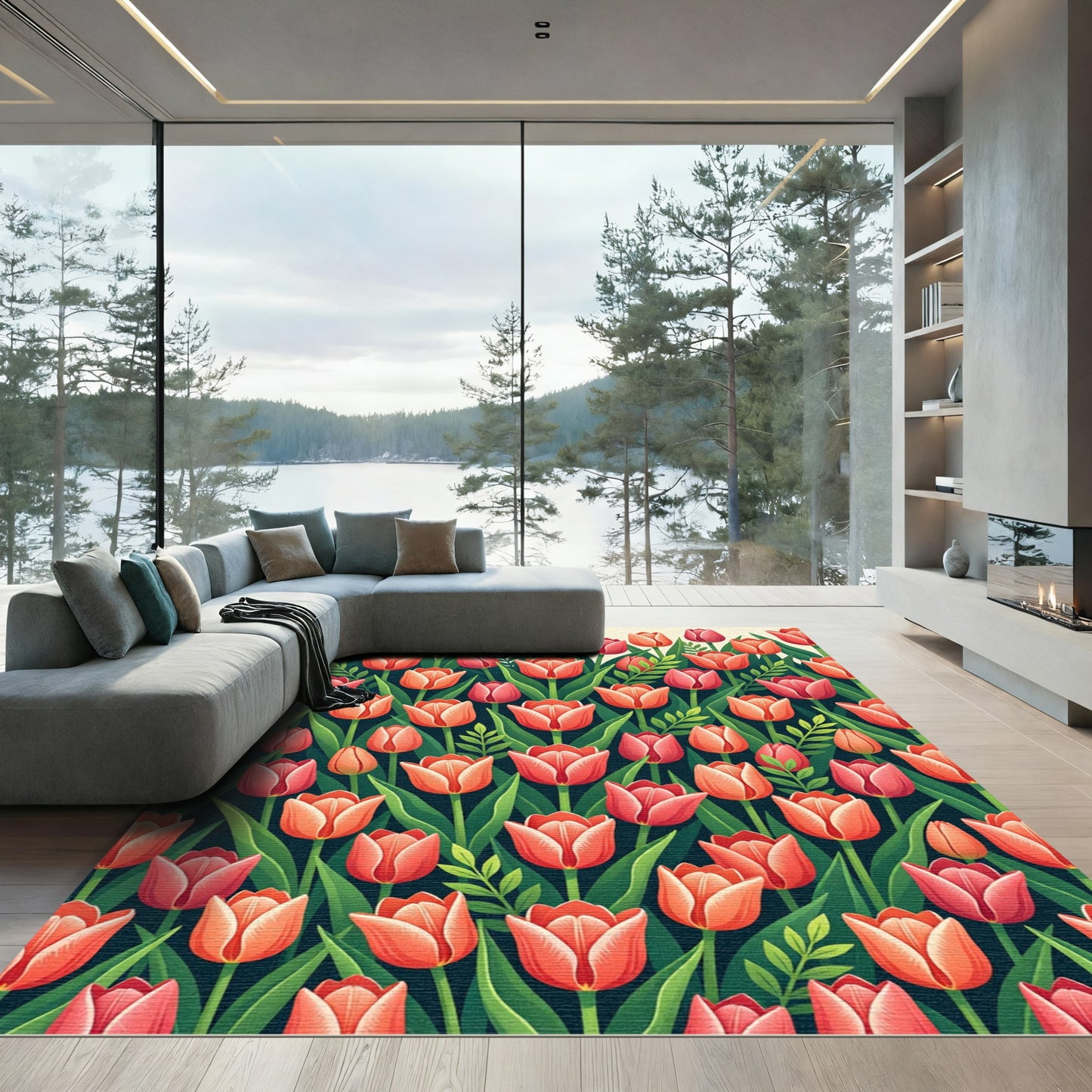 Coral Red Tulip Garden Bloom Rug