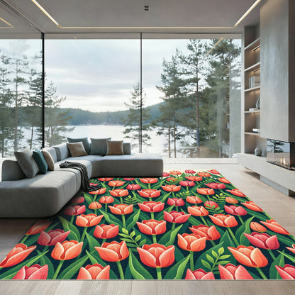 Coral Red Tulip Garden Bloom Rug