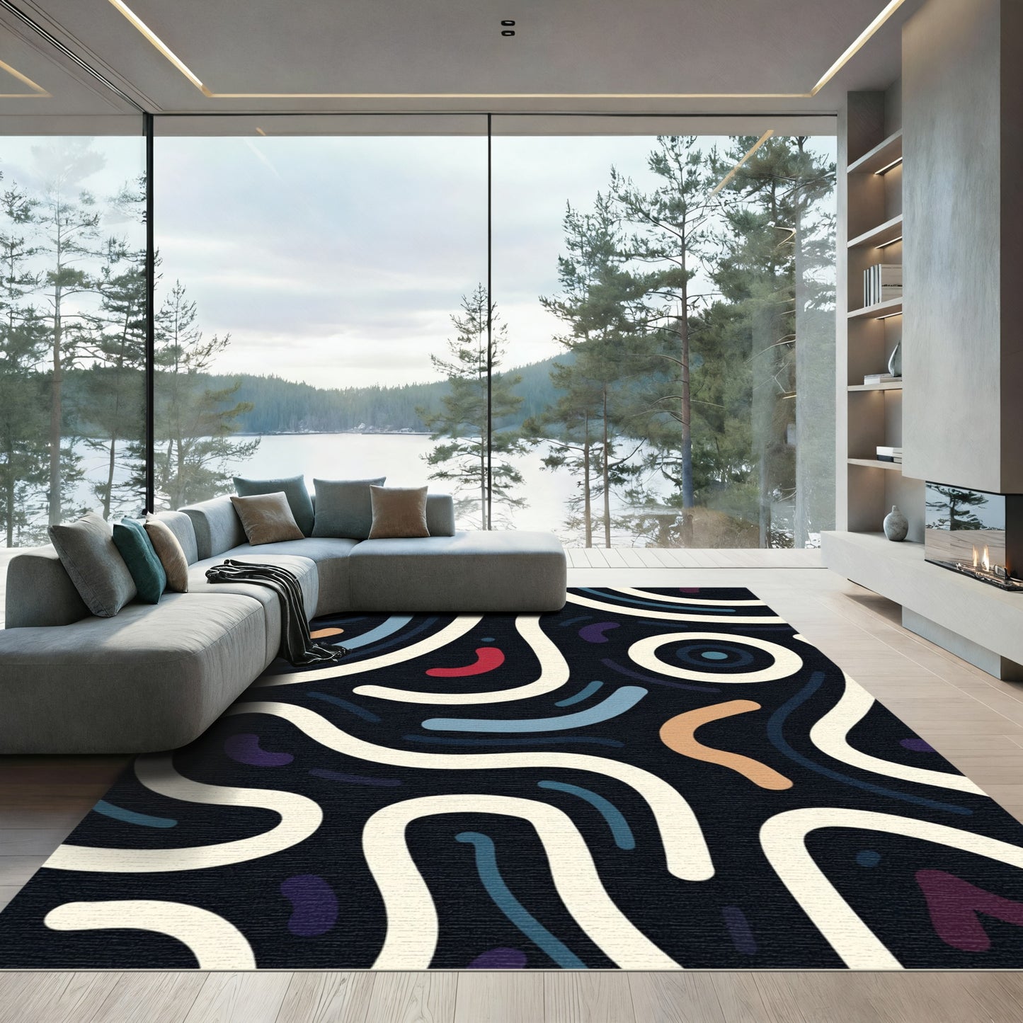 Dark Abstract Organic Cream Wave Rug
