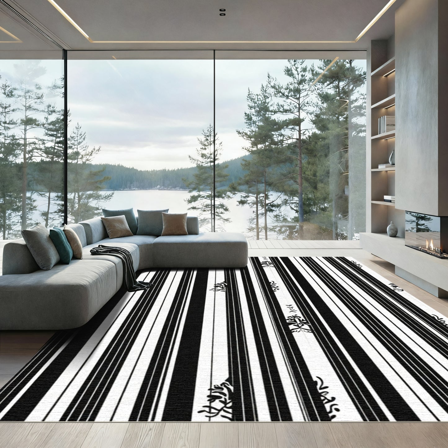 Modern Black White Stripe Floral Rug