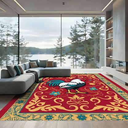 Bold Red Rooster Floral Border Rug