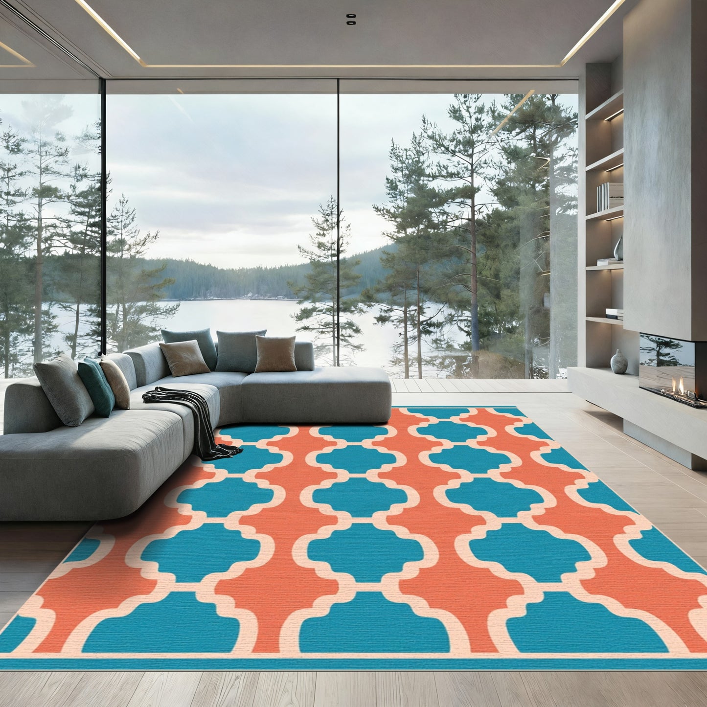 Coral Teal Quatrefoil Lattice Rug