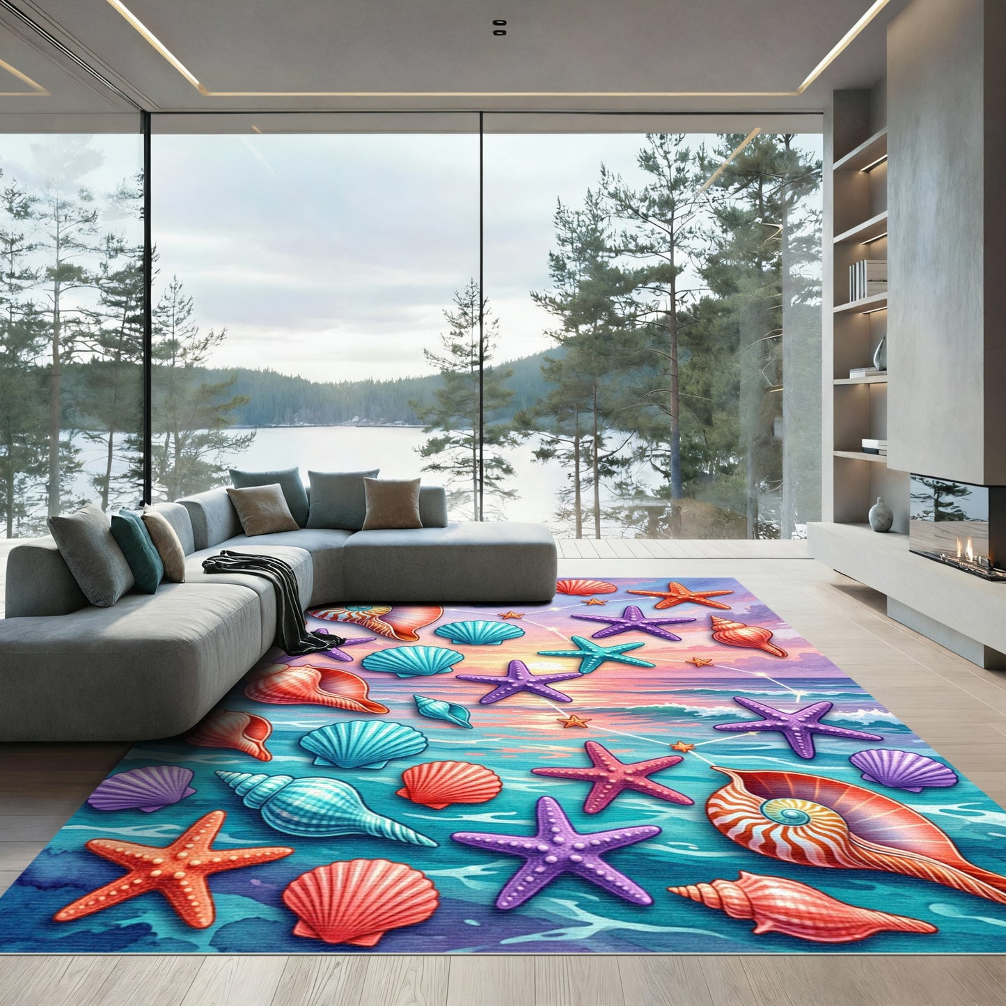 Vibrant Celestial Seashell and Starfish Horizon Rug