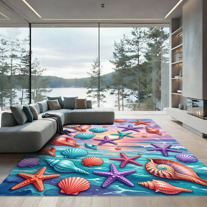 Vibrant Celestial Seashell and Starfish Horizon Rug