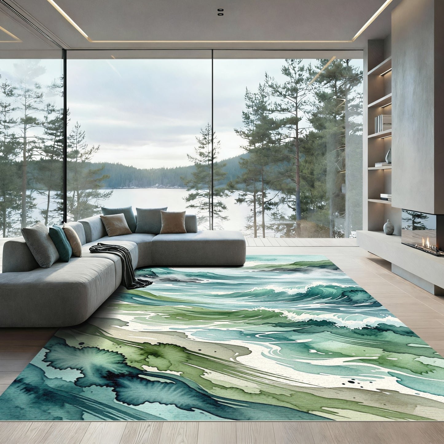 Serene Teal Coastal Ocean Wave Abstract Rug