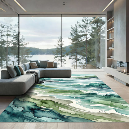 Serene Teal Coastal Ocean Wave Abstract Rug
