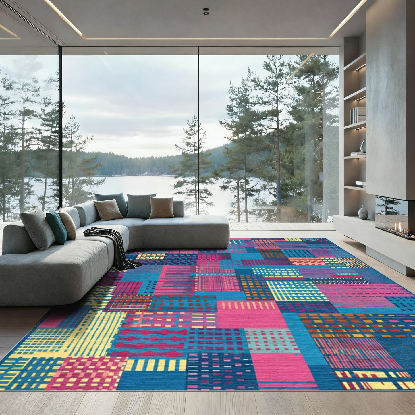 Geometric Patchwork Teal Magenta Yellow Rug