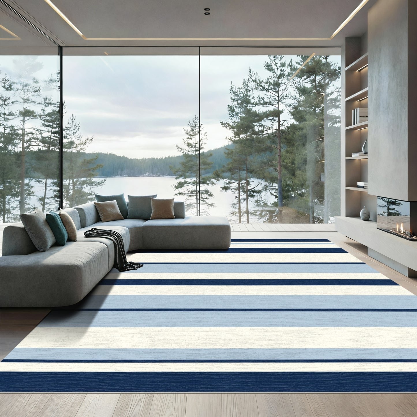 Classic Navy Sky Blue Striped Rug